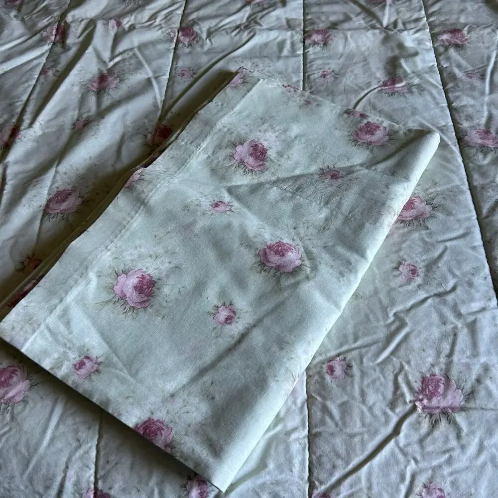 Laura Ashley Green Pink Rose rosemoor full comforter 2 shams cottage core ruffle